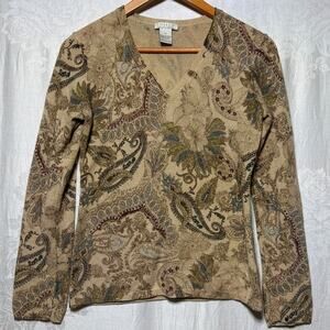 Vintage Tweeds Cashmere Sweater Medium Tan Floral Paisley 2 Ply 90s V Neck